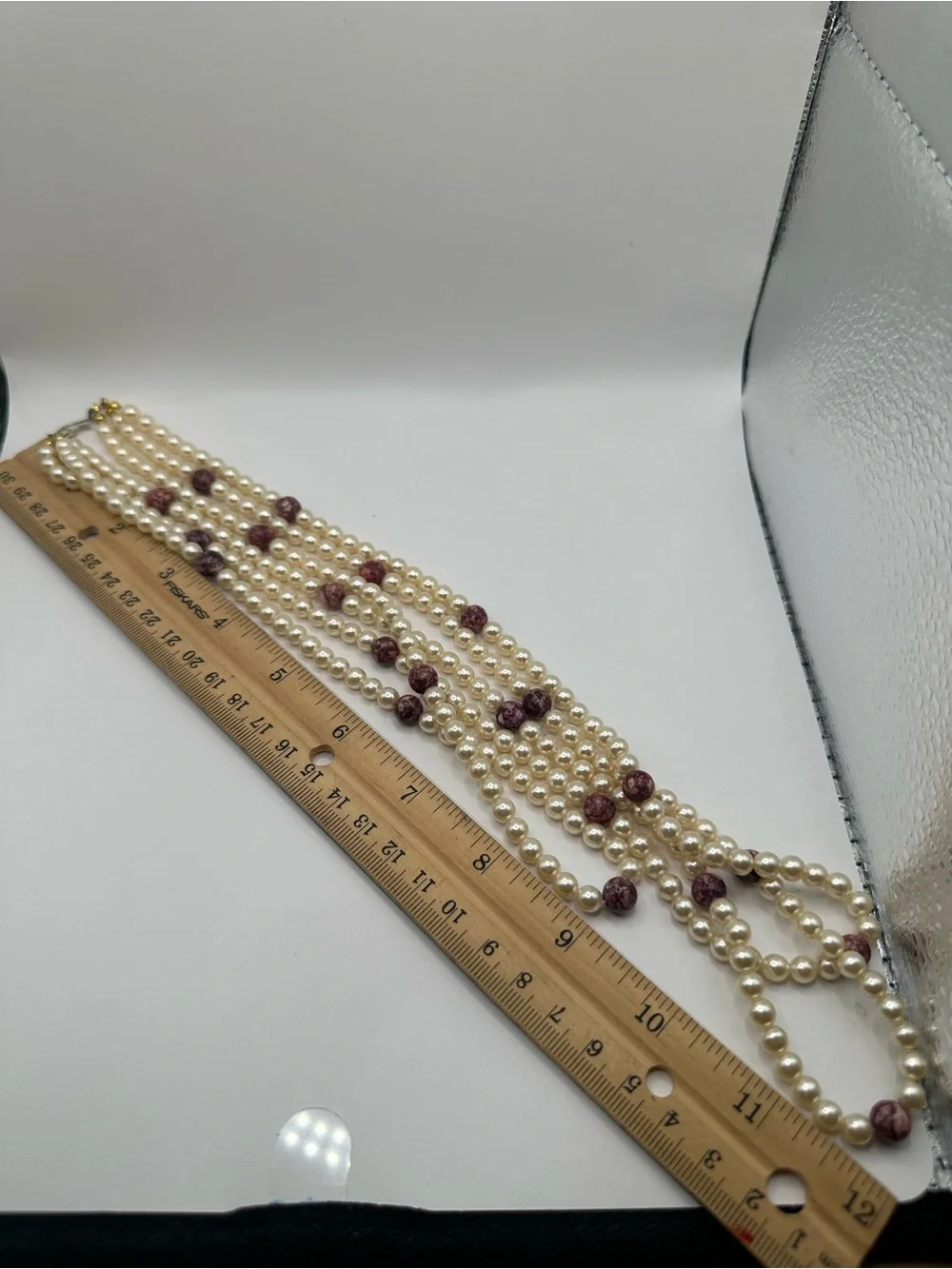 Vintage Triple Strand Faux Pearl Bead Necklace Purple Speckled Stone Accent 30